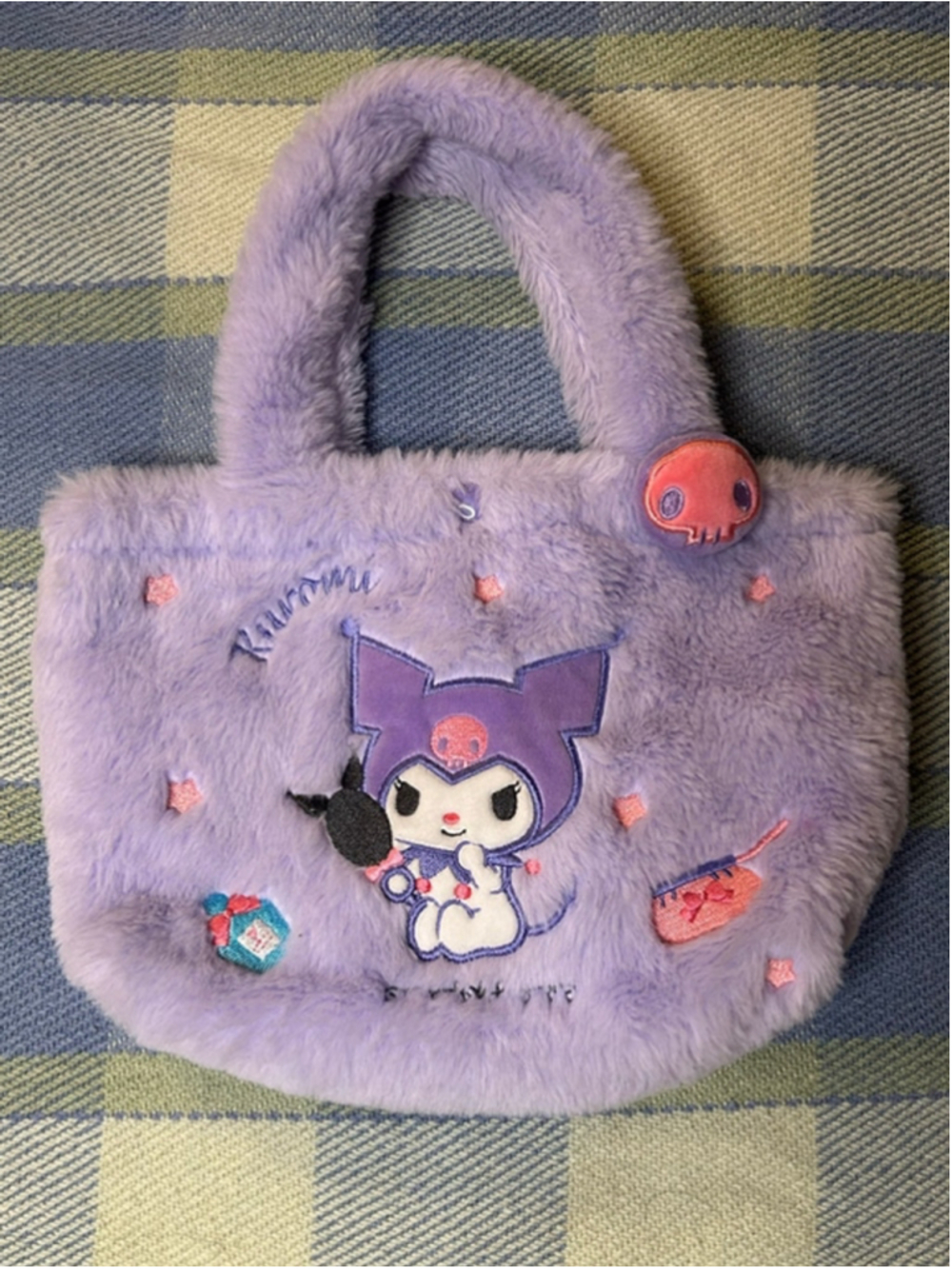 Sanrio Kuromi Plush Tote Bag Fuzzy Purple 11” Kawaii Character Purse 2023